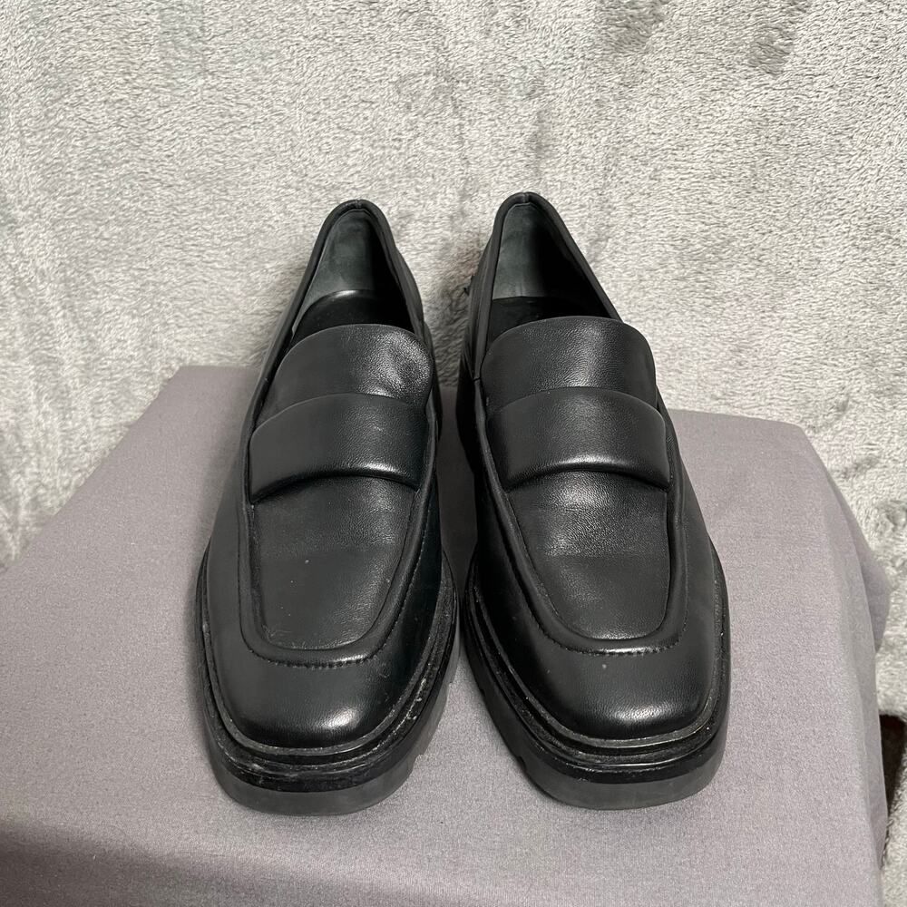 Vince Black Leather Robin Penny Loafer‎ Square Toe Chunky Women's 7.5